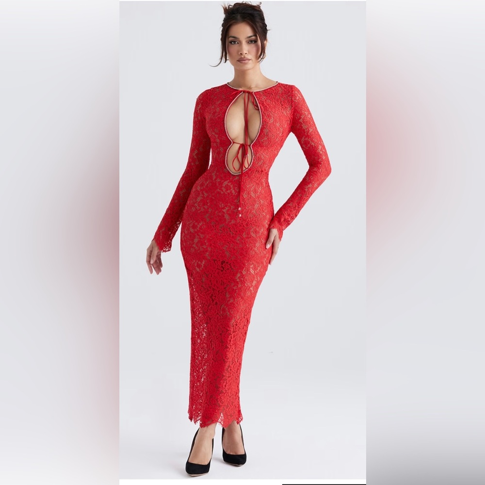 House of CB Lisandra sleeved Red lace maxi dress size XS with rhinestone details